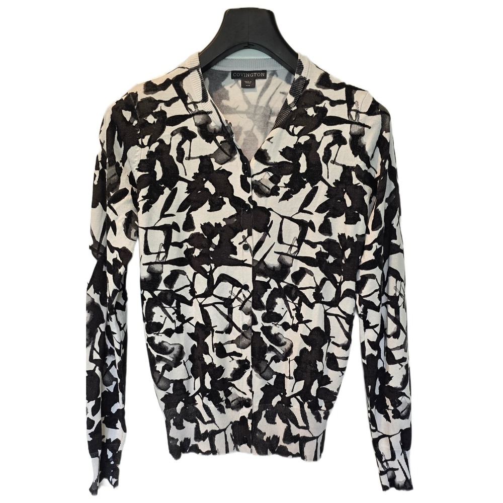 Covington Womens Medium Black White‎ Abstract Floral Knit Button Front Cardigan